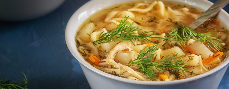 Fresh Cooked Chicken Noodle Soup in Bowl Closeup